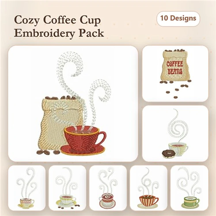 Coffee Themed Embroidery Designs Bundle – Coffee Cup with Steam, Coffee Bean Bag, Floral Coffee Cup & More (10 Designs)