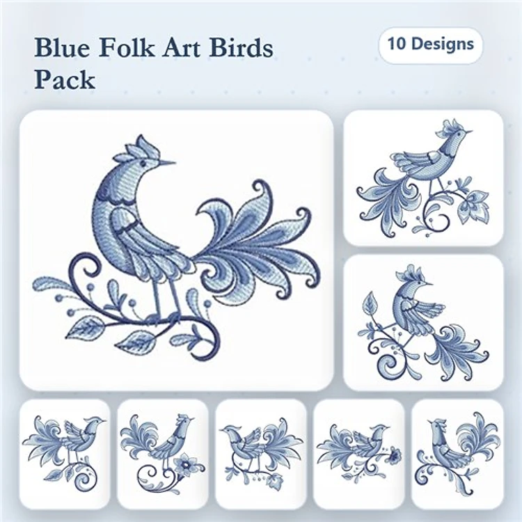 Redwork Folk Art Birds Embroidery Designs Bundle – Floral Tail, Ornate Patterns, In Flight & More (10 Designs)