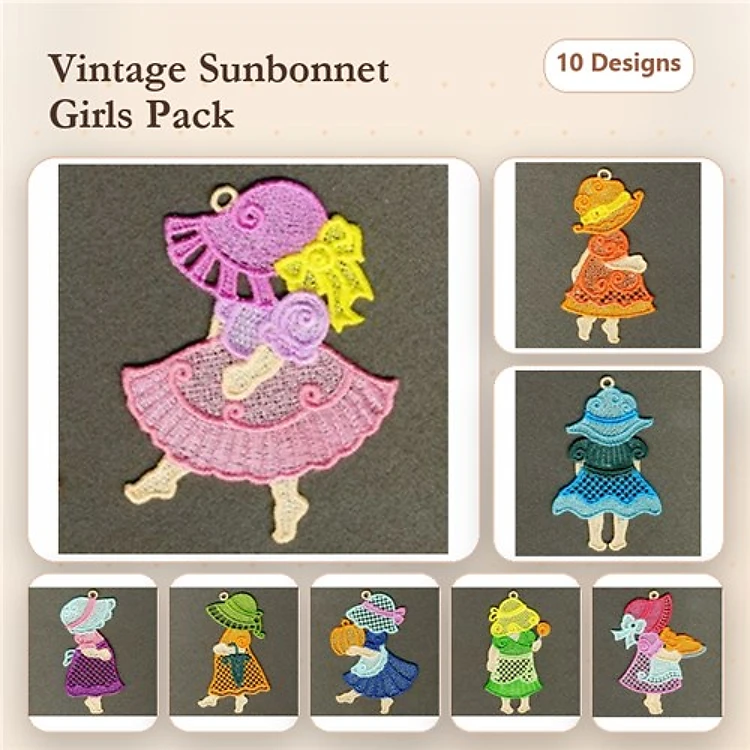 FSL Vintage Sunbonnet Girls Embroidery Designs Bundle – Pink, Yellow, Blue Sunbonnet Girls & More (10 Designs)