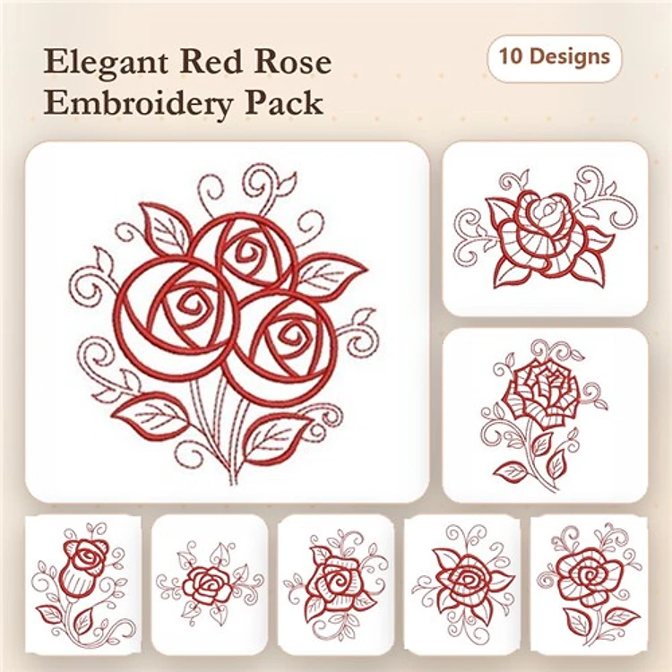 Redwork Elegant Red Roses Embroidery Designs Bundle – Fancy Red Rose Bouquet, Detailed Red Rose with Swirls, & More (10 Designs)