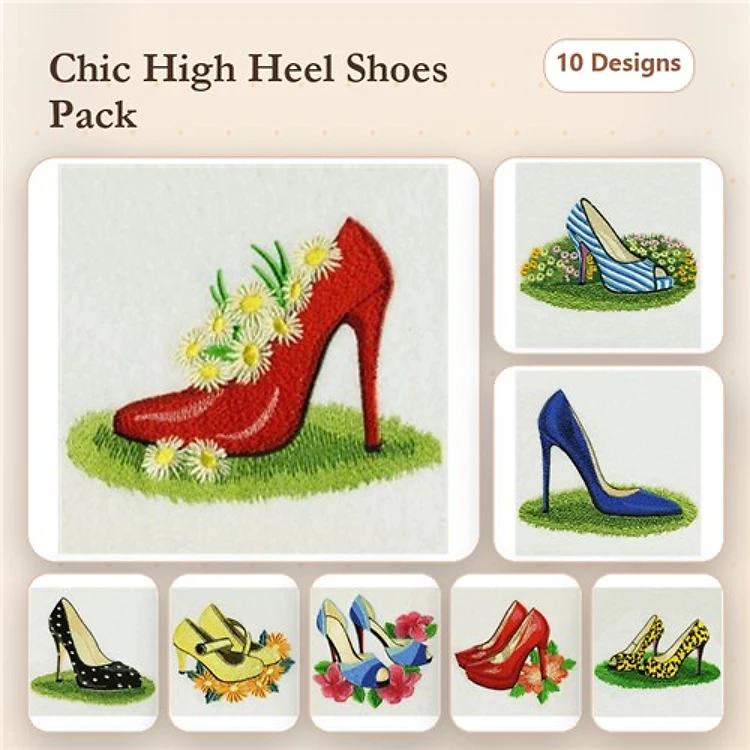 Chic High Heel Shoes Embroidery Designs Bundle – Red High Heel with Flowers, Blue High Heel, Striped High Heel & More (10 Designs)