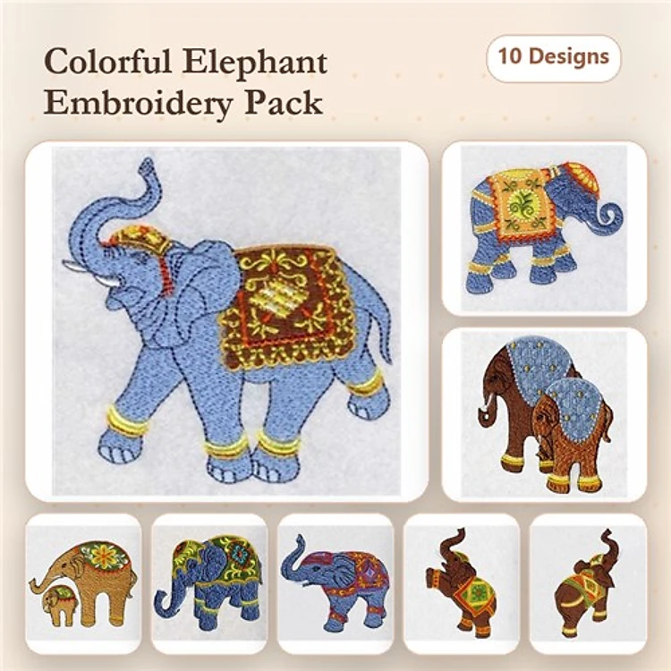 Colorful Elephants Embroidery Bundle – Elephant with Red Saddle, Elephant with Blue Saddle, Elephant with Decorative Blanket & More (10 Designs)