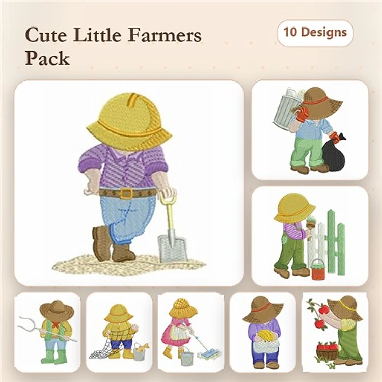 Cute Little Farmers Embroidery Bundle – Farmer with Shovel, Watering Can, Basket & More (10 Designs)