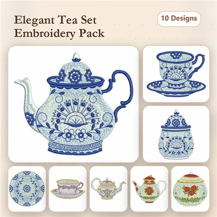 Elegant Tea Set Embroidery Designs Bundle – Teapot with Floral Design, Tea Cup with Blue and White Pattern & More (10 Designs)