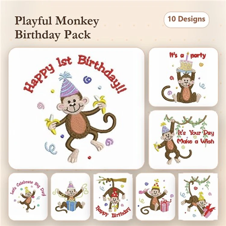 Monkey Birthday Embroidery Designs Bundle – Happy 1st Birthday Monkey, Party Monkey with Confetti & More (10 Designs)