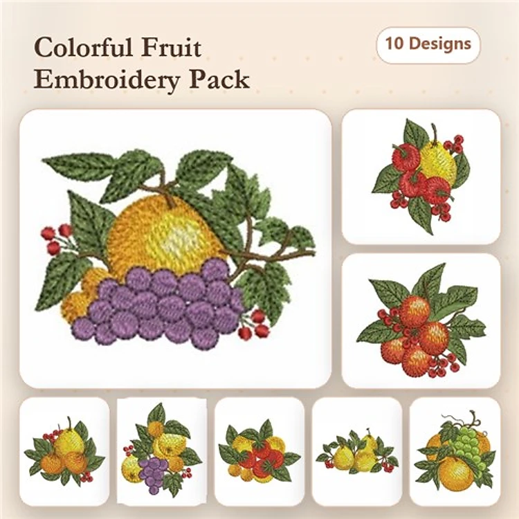 Colorful Fruit Embroidery Designs Bundle – Grapes & Lemon, Mixed Fruit Bouquet, Peach & Cherry & More (10 Designs)