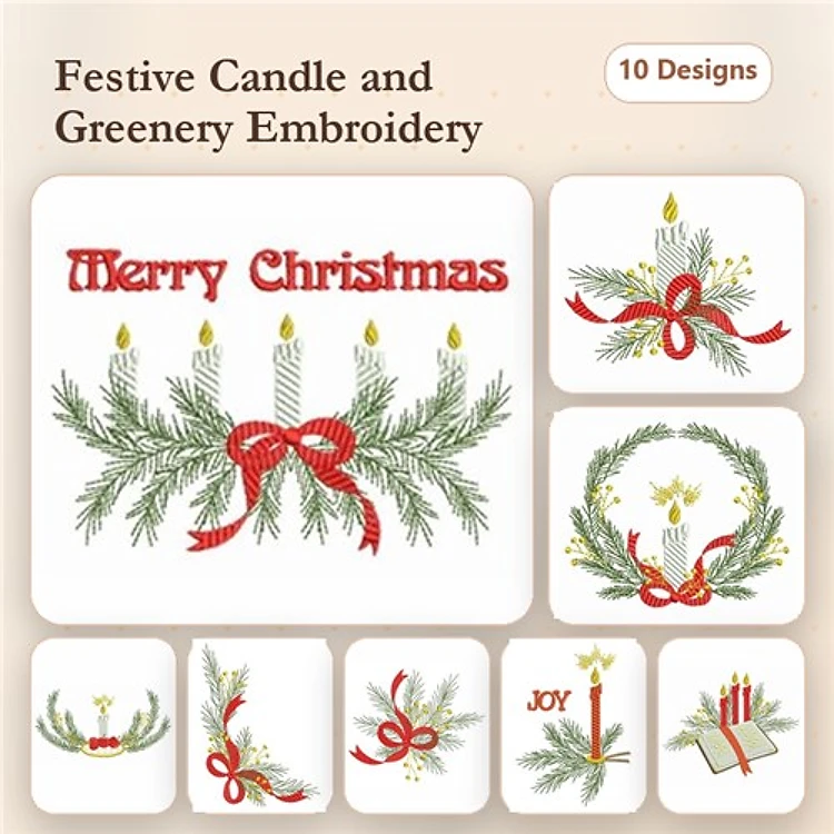 Christmas Candles & Wreaths Embroidery Designs Bundle – Merry Christmas Text, Candle Wreath, Joyous Candle Display & More (10 Designs)