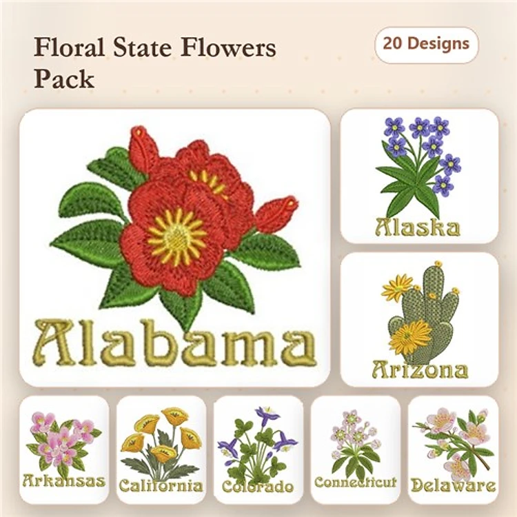 State Flowers of the USA Embroidery Designs Bundle – Alabama, Alaska, Arizona & More (20 Designs)