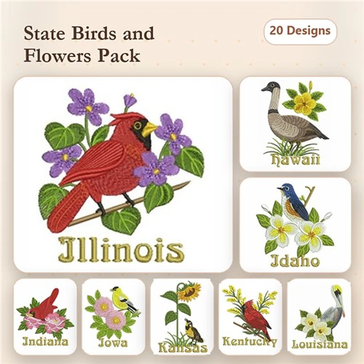 State Birds & Flowers Embroidery Designs Bundle – Illinois Cardinal with Violets, Hawaii Goose with Flowers & More (20 Designs)
