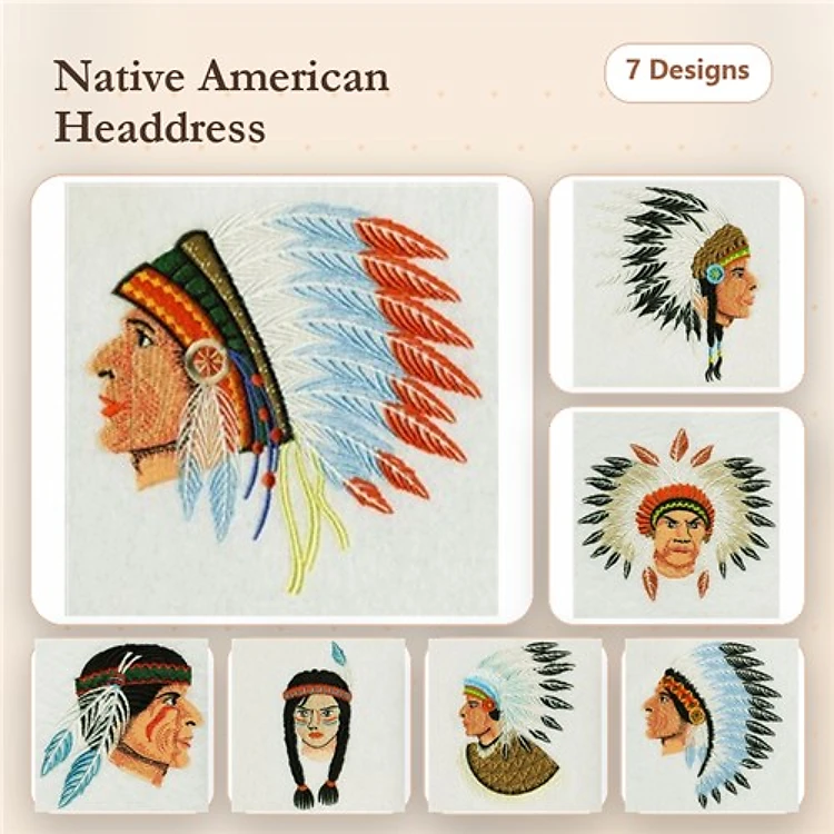Native American Headdresses Embroidery Designs Bundle – Profile of Native American, Warrior Headdress, & More (7 Designs)