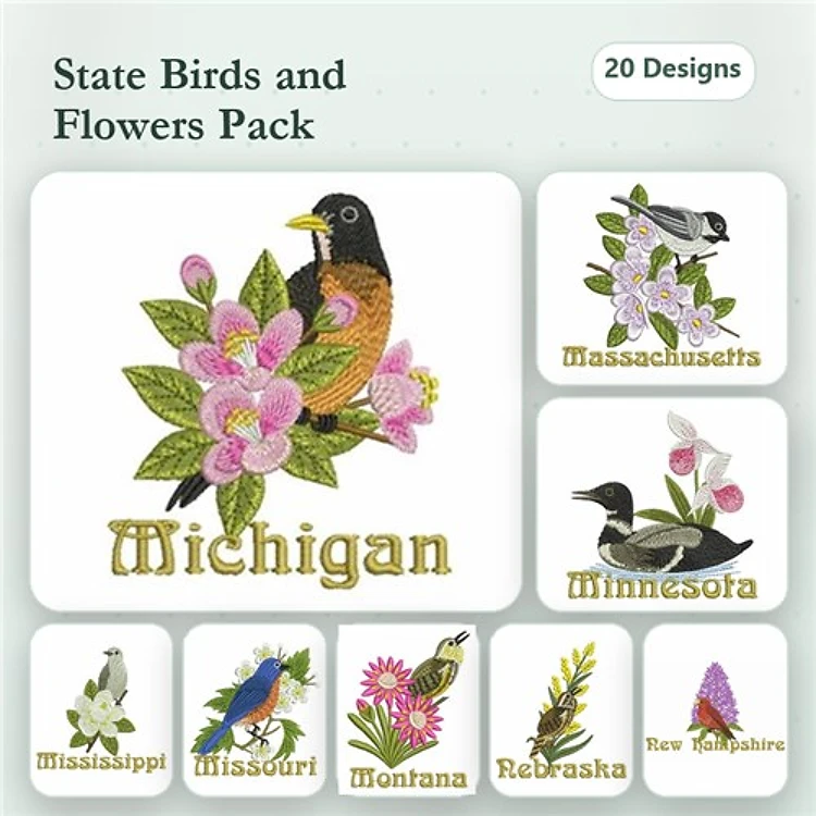 State Birds & Flowers Embroidery Designs Bundle – Michigan Robin, Massachusetts Bird, Minnesota Bird & More (20 Designs)