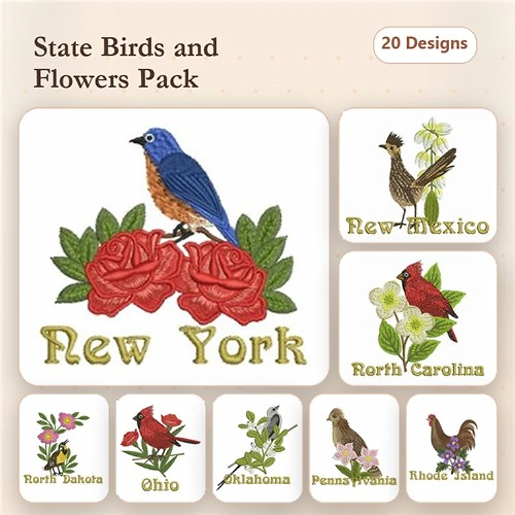 State Birds & Flowers Embroidery Designs Bundle – New York Bluebird with Roses, North Carolina Cardinal, Ohio Cardinal & More (20 Designs)