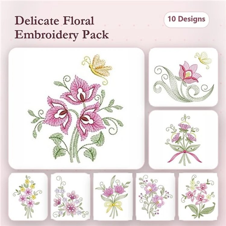 Floral Arrangements Embroidery Designs Bundle – Pink Orchid Bouquet, Butterfly with Flowers, Lotus Flower & More (10 Designs)
