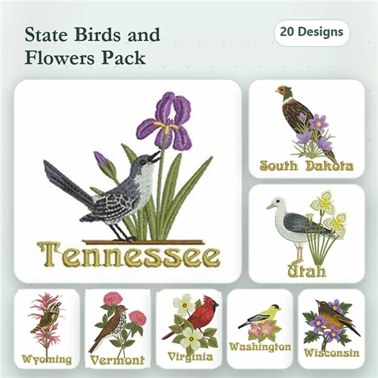 State Birds and Flowers Embroidery Designs Bundle – Tennessee Iris and Bird, South Dakota Bird, Utah Bird and Flower & More (20 Designs)