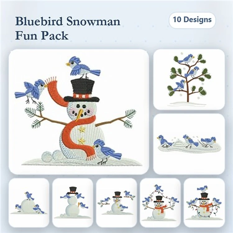 Snowman & Bluebird Embroidery Designs Bundle – Snowman with Hat, Bluebird Gathering, & Snowman Family (10 Designs)