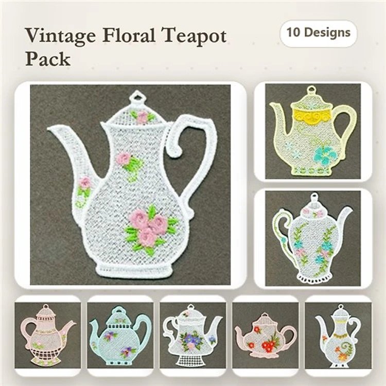 FSL Floral Teapot Embroidery Bundle – White, Yellow, Blue, Pink & More (10 Designs)