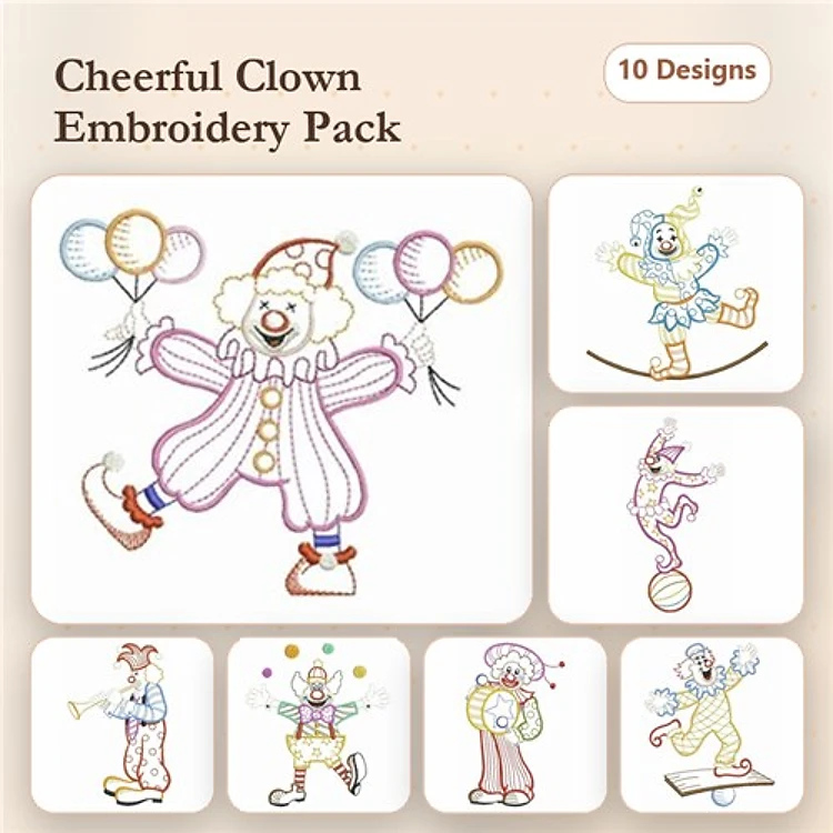 Redwork Cheerful Clowns Embroidery Designs Bundle – Clown with Balloons, Clown on Skates, Clown Juggling & More (10 Designs)