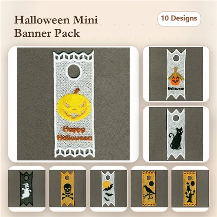 FSL Halloween Mini Banners Embroidery Designs Bundle – Pumpkin, Ghost, Skull, Black Cat & More (10 Designs)