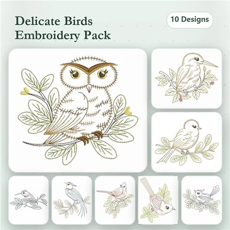 Delicate Birds Embroidery Designs Bundle – Owl on Branch, Singing Bird, White Bird & More (10 Designs)
