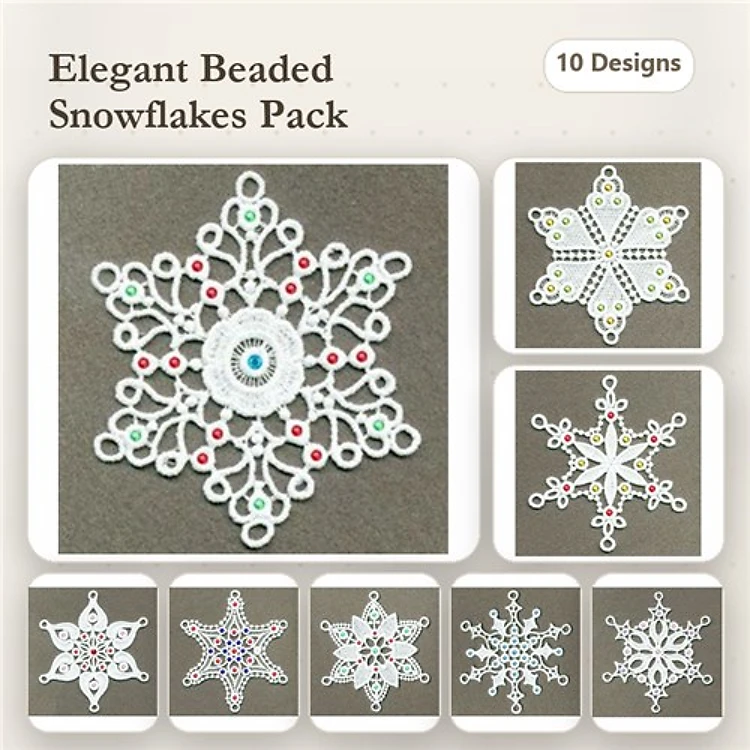 FSL Elegant Snowflake Embroidery Designs Bundle – Beaded Snowflake Ornament 1, Beaded Snowflake Ornament 2, & More (10 Designs)