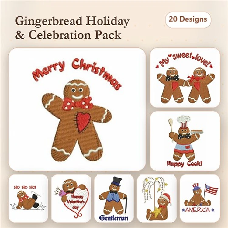 Gingerbread Characters Embroidery Designs Bundle – Gingerbread Man with Heart, Merry Christmas Text, Gingerbread Couple & More (20 Designs)