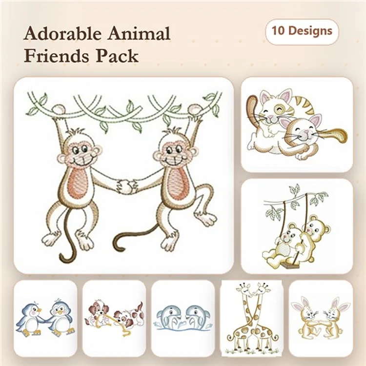 Monkey & Cat Friends Embroidery Bundle – Adorable Animal Designs (10 Designs)