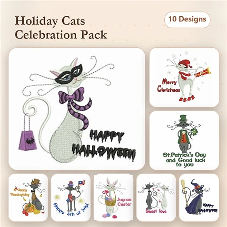 Holiday-Themed Cats Embroidery Designs Bundle – Halloween Cat, Christmas Cat, St. Patrick's Day Cat & More (10 Designs)