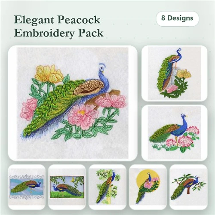 Elegant Peacock Embroidery Designs Bundle – Peacock on Flowers, Peacock with Open Tail, & More (8 Designs)