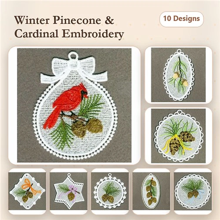 FSL Winter Cardinal & Pinecones Embroidery Designs Bundle – Cardinal Ornament, Pinecone Ornament, & More (10 Designs)