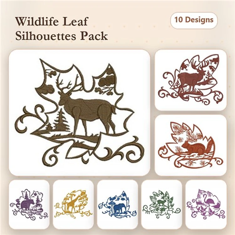 Wildlife Leaf Silhouettes Embroidery Designs Bundle – Deer with Trees, Owl with Leaf, Fox with Leaf & More (10 Designs)