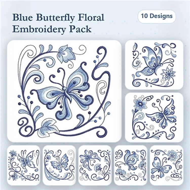 Butterflies & Floral Elements Embroidery Designs Bundle – Blue Butterfly with Floral Swirls, Butterfly with Blossoms & More (10 Designs)