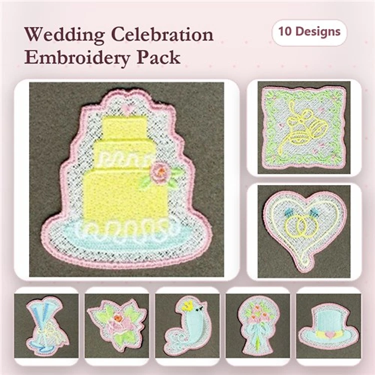FSL Wedding Celebration Embroidery Designs Bundle – Wedding Cake, Rings, Bouquet & More (10 Designs)