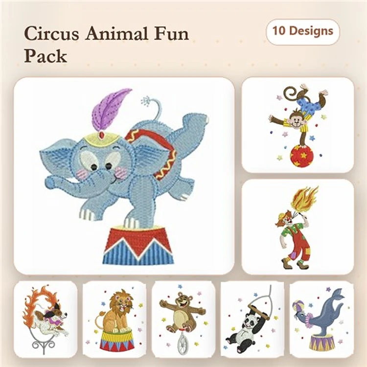 Circus Animal Fun Embroidery Bundle – Colorful Circus Characters (10 Designs)
