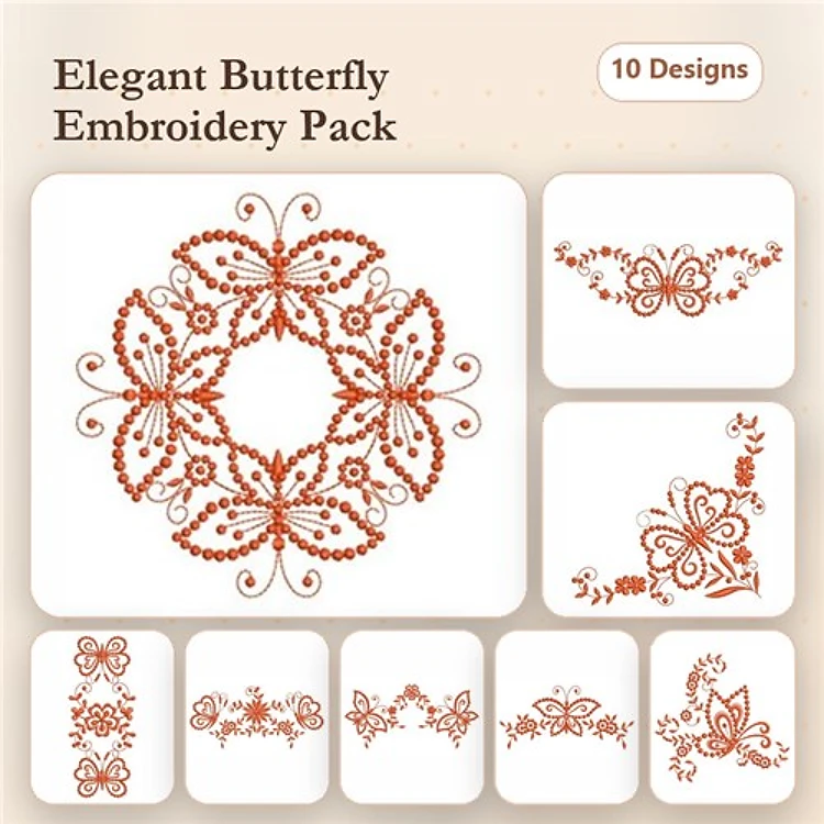 Redwork Elegant Butterfly Embroidery Bundle – Butterfly Wreath, Butterfly Flourish 1, Butterfly Flourish 2 & More (10 Designs)
