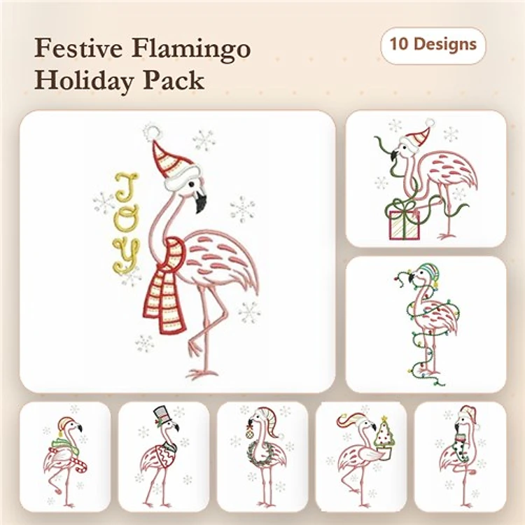 Festive Flamingos in Holiday Attire Embroidery Designs Bundle – Flamingo with Santa Hat, Flamingo with Gift & More (10 Designs)