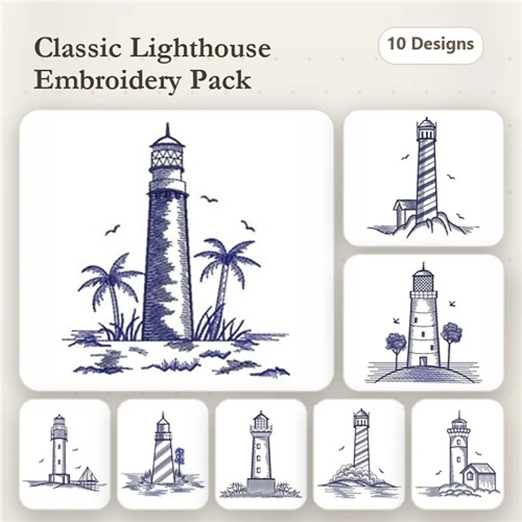 Redwork Lighthouse Embroidery Designs Bundle – Lighthouse with Palm Trees, Striped Lighthouse on Shore & More (10 Designs)