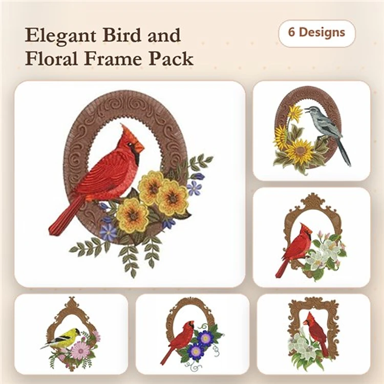 Birds and Floral Frames Embroidery Designs Bundle – Cardinal with Floral Frame, Blue Jay with Sunflowers, Yellow Bird with Floral Frame & More (6 Designs)