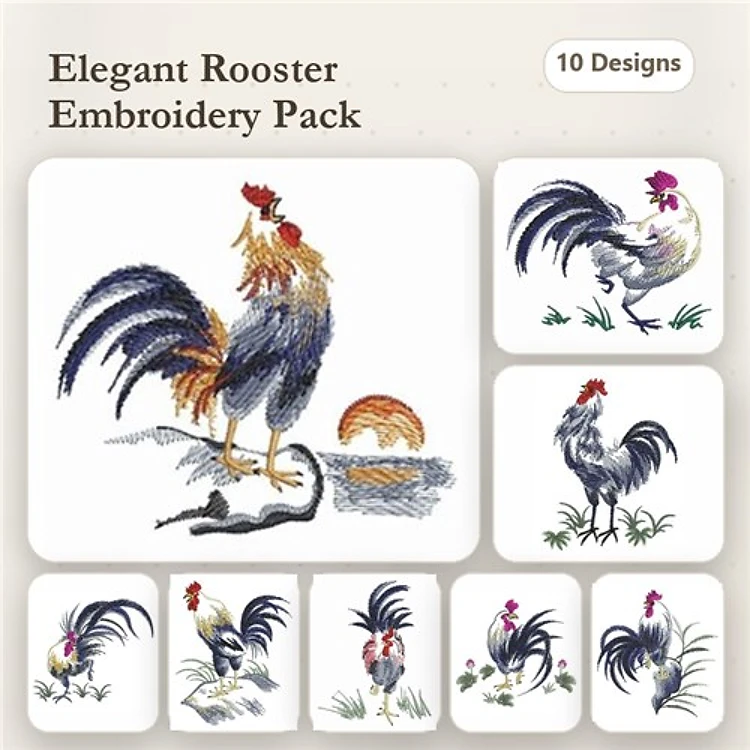 Elegant Rooster Embroidery Bundle – Rooster with Sunrise, Proud Rooster, Rooster with Flowers & More (10 Designs)
