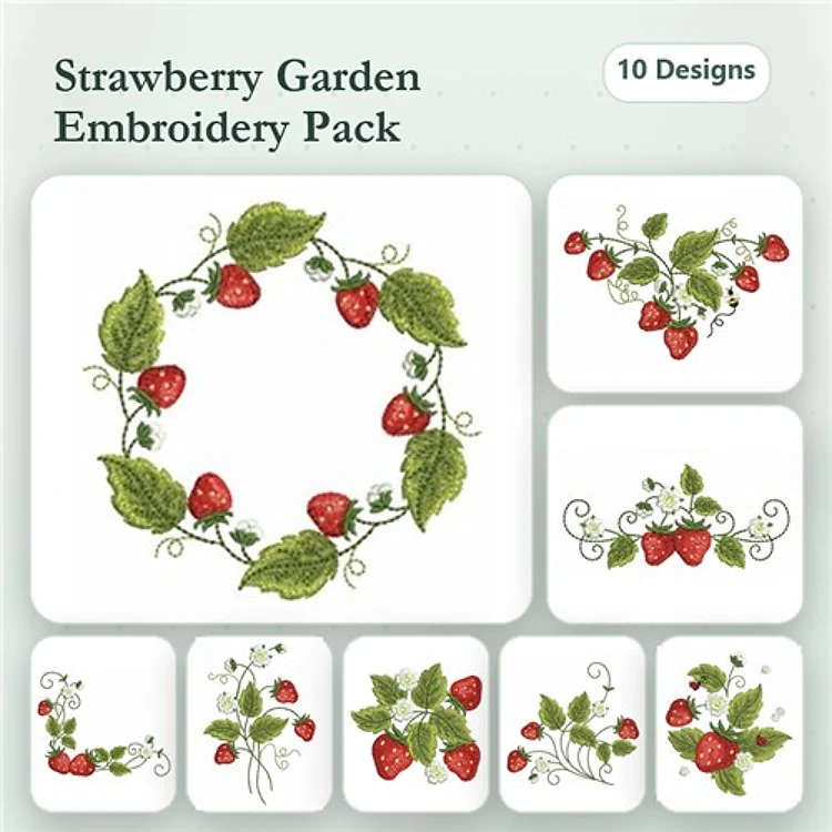 Strawberry Garden Embroidery Bundle – Strawberry Wreath, Vine, Flourish & More (10 Designs)
