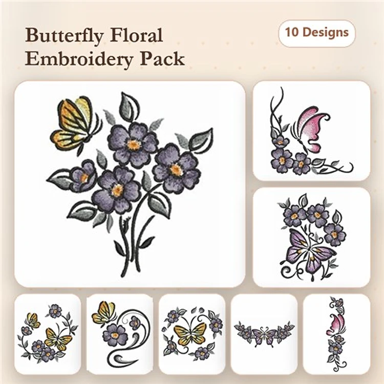 Butterflies & Floral Embroidery Designs Bundle – Butterfly with Flowers, Bouquet of Flowers & More (10 Designs)