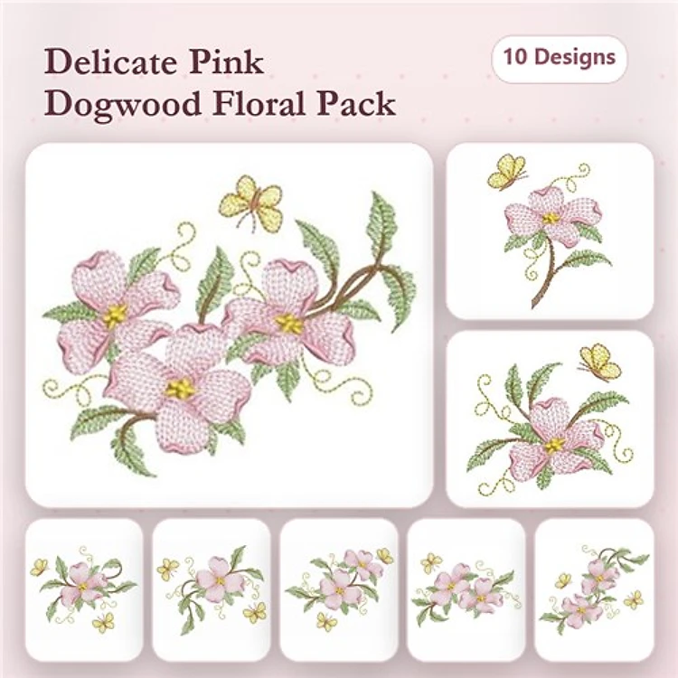 Floral Embroidery Bundle – Dogwood Floral Cluster, Dogwood Blossom with Butterfly & More (10 Designs)