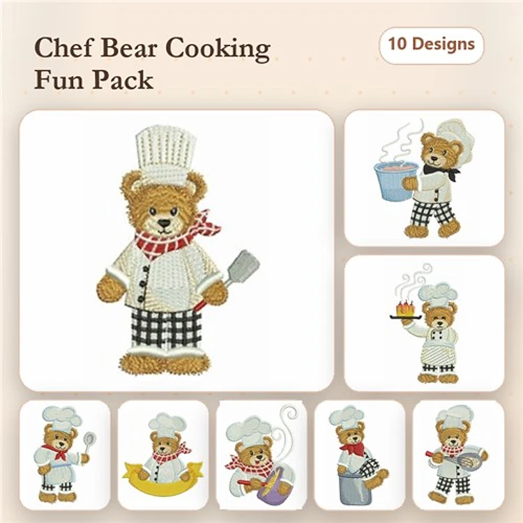 Chef Bear Embroidery Designs Bundle – Chef Bear with Spatula, Chef Bear with Bowl, & More (10 Designs)