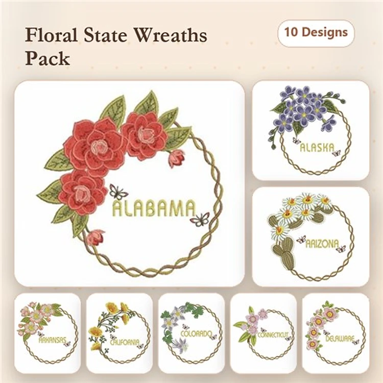 Floral State Wreaths Embroidery Designs Bundle – Alabama, Missouri, Arizona & More (10 Designs)