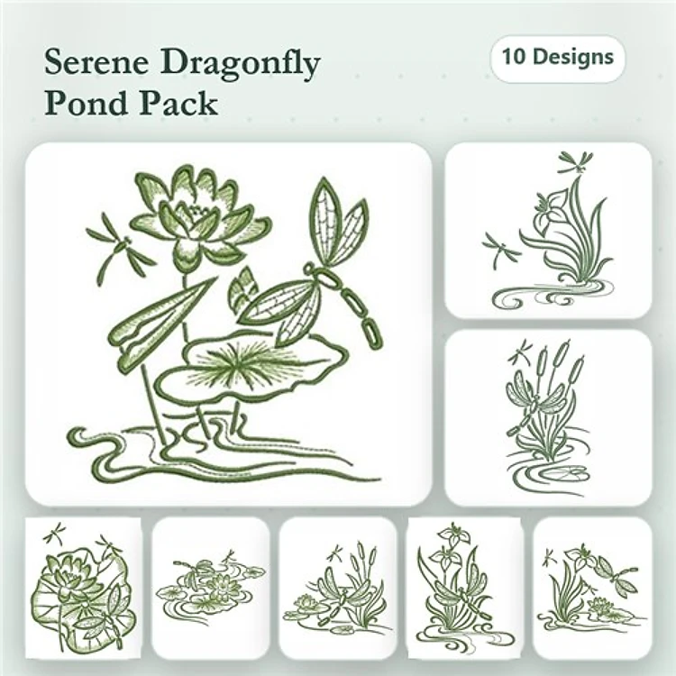 Serene Dragonfly & Pond Embroidery Designs Bundle – Lotus Flower, Water Lily, Dragonfly & More (10 Designs)
