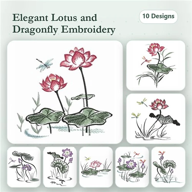 Lotus & Dragonfly Embroidery Designs Bundle – Lotus Flower with Leaves, Dragonfly on Lotus, Lotus Pond Scene & More (10 Designs)