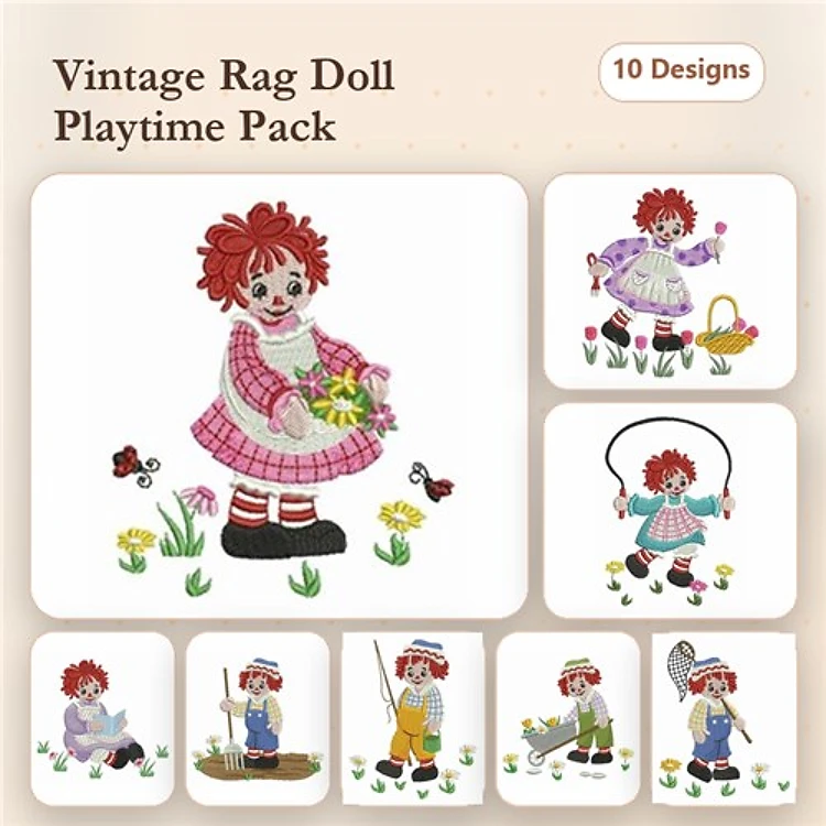 Vintage Rag Dolls Embroidery Designs Bundle – Girl with Flowers, Girl with Basket, & More (10 Designs)