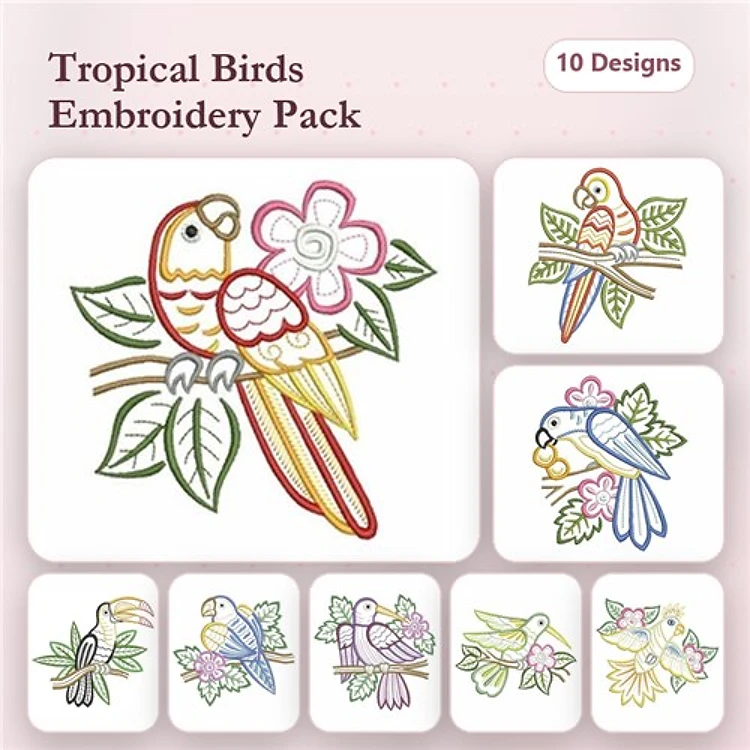 Tropical Birds Embroidery Designs Bundle – Parrot with Flower, Blue Tropical Bird, Pair of Parrots & More (10 Designs)