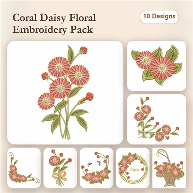 Coral Daisy Embroidery Designs Bundle – Coral Daisy Wreath, Bouquet, Arrangement & More (10 Designs)