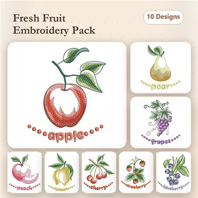 Fruits Embroidery Designs Bundle – Red Apple, Green Pear, Purple Grapes & More (10 Designs)