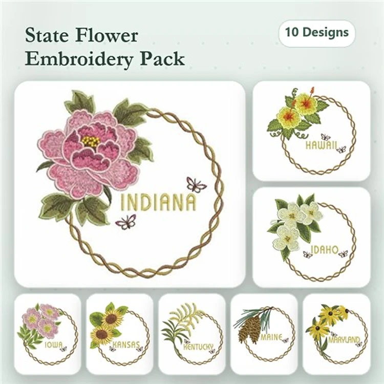 State Flowers Embroidery Designs Bundle – Indiana Peony, Hawaii Yellow Hibiscus, Kansas Sunflower & More (10 Designs)